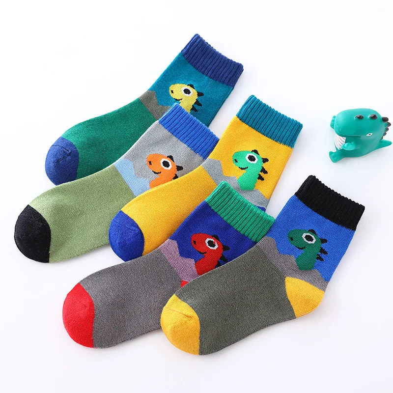 New 5 Pairs Children\'s Socks Spring Autumn Cotton Cartoon Dinosaur Boy Socks 3-15 Year Girl Socks