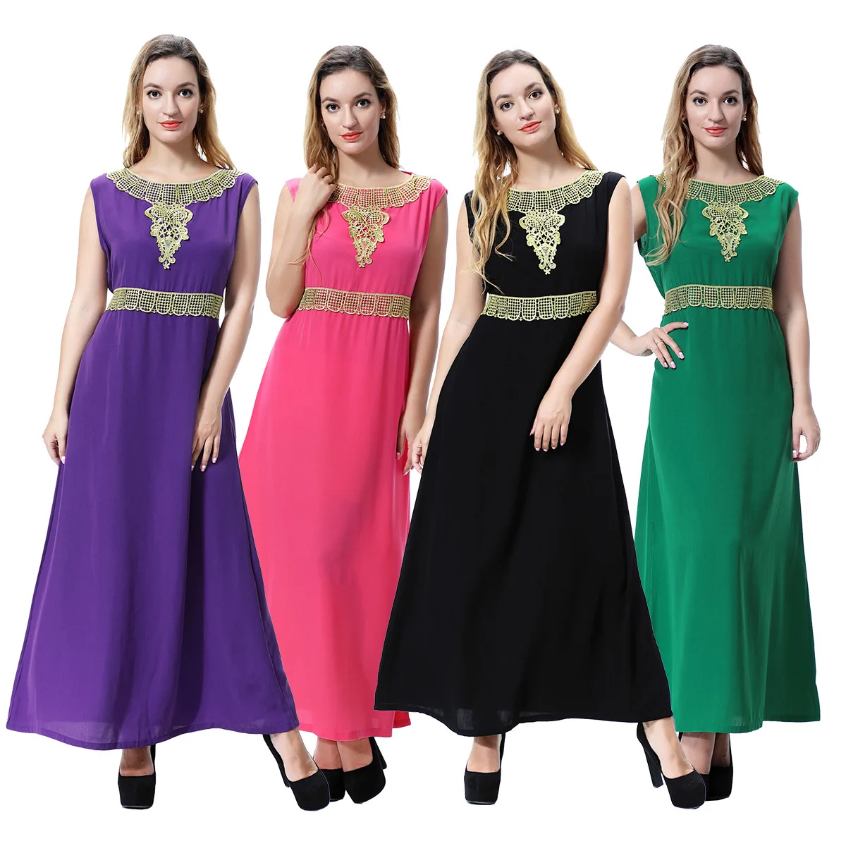 

Arab Muslim 2025 Middle East New Fashion Women's Casual Trendy Elegant Sleeveless Ankle Length Patchwork Dresses Female Clothes
