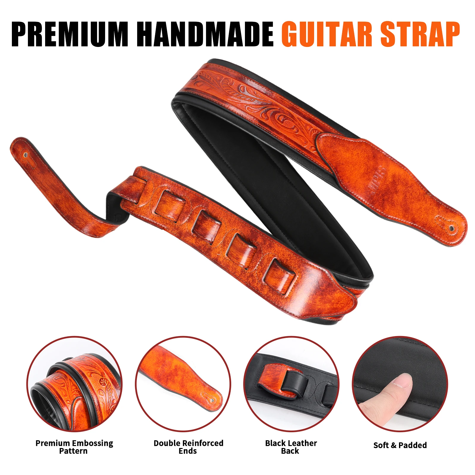 Bourbon Brown Handmade Padded Leather Strap Classic Live Oak Pattern For Acoustic, Electric, And Bass Guitars