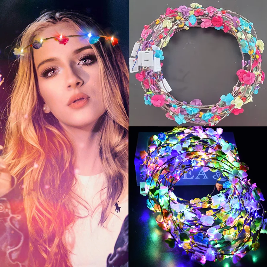 

10/20/30/40 PCS Flower Wreath Luminous 10-LED Headpiece Garland Crown Flower Headband Glowing Wreath For Wedding Party Garlands