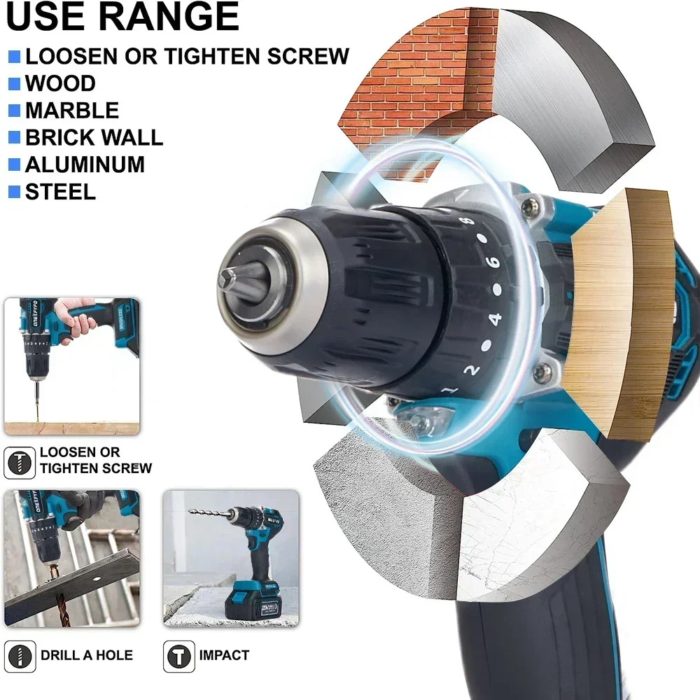 Brushless Electric Impact Drill, Martelo sem fio, Chave de fenda elétrica, Ferramenta elétrica, 3 em 1, 13mm, Torque 20 + 2 para bateria Makita 18V