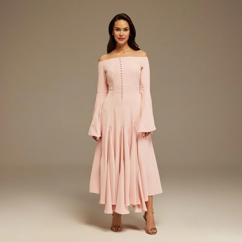 

Elegant Pink Off The Shoulder Prom Dress Boat Neck Long Sleeves A Line Ankle Length Formal Party Dresses Customized