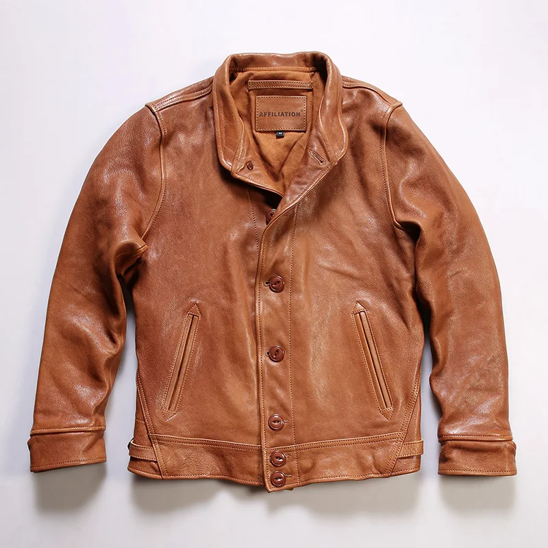 

Spring Autumn section Amei Click leather jacket men collar can be lapel single-breasted vegetable tanned goatskin leather jacket