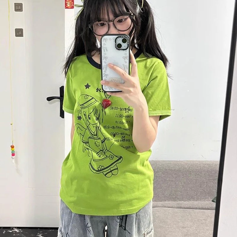 

American Retro Anime Girl Print Tee Summer Cute Loose Casual Sporty Top Streetwear Green Lazy Harajuku Y2K T Shirt