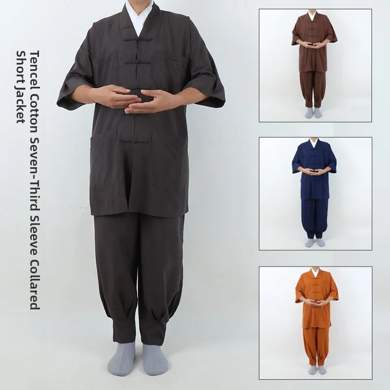 summer-silk-cotton-monastic-robe-thin-short-coat-monk-suit-for-men-and-women-no-tie-leggings-monastic-pants-casual-wear