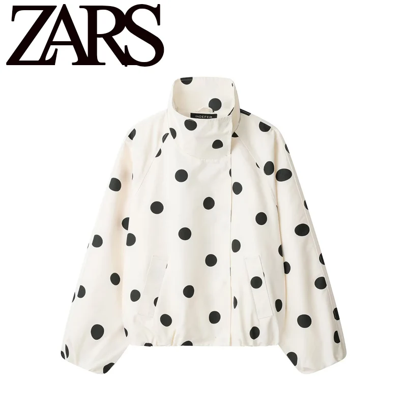 Fashionable Polka Dot Pilot Jacket Women's Short Outerwear Casual Loose Fit Polyester Fiber Long Sleeve Zipper Closure Coat