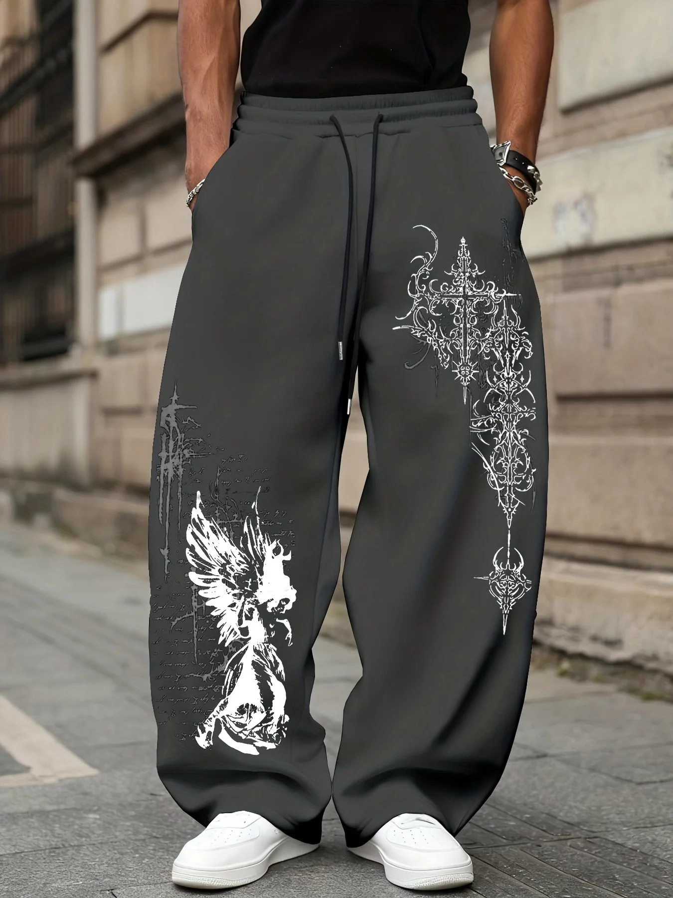 2627 Unisex Neue Gerade Jogginghose mit Gothic-Engel-Kreuz-Print, Lose Hose, Dark-Punk-Streetwear, Y2K, Lässige Lange Hose – Detail 9