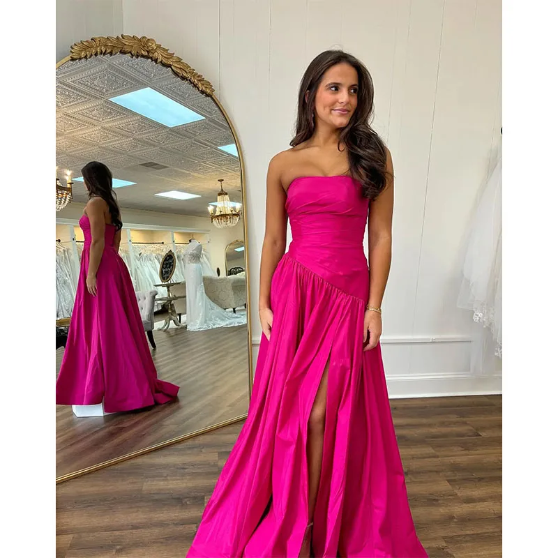 Barbie Pink A-Line Prom Dress Strapless Evening Dresses Elegant Thigh Split Backless Formal Dresses for Women