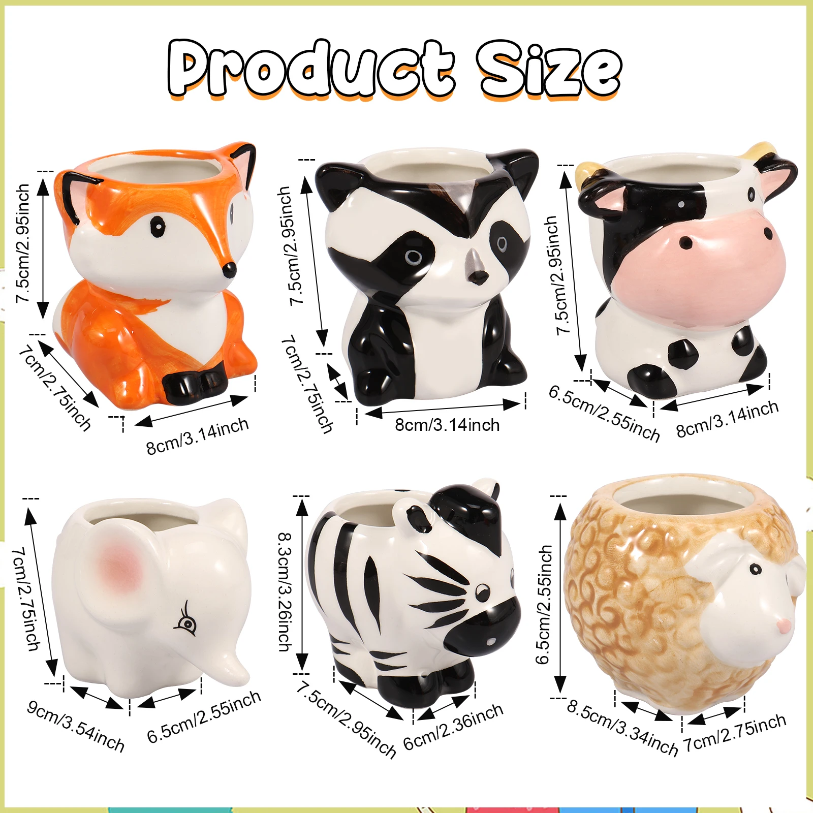 6Pcs Animal Ceramics Planter Ceramic Succulent Pots with Drainage Hole Cute Cartoon Animal Shaped Succulent Planter for Home