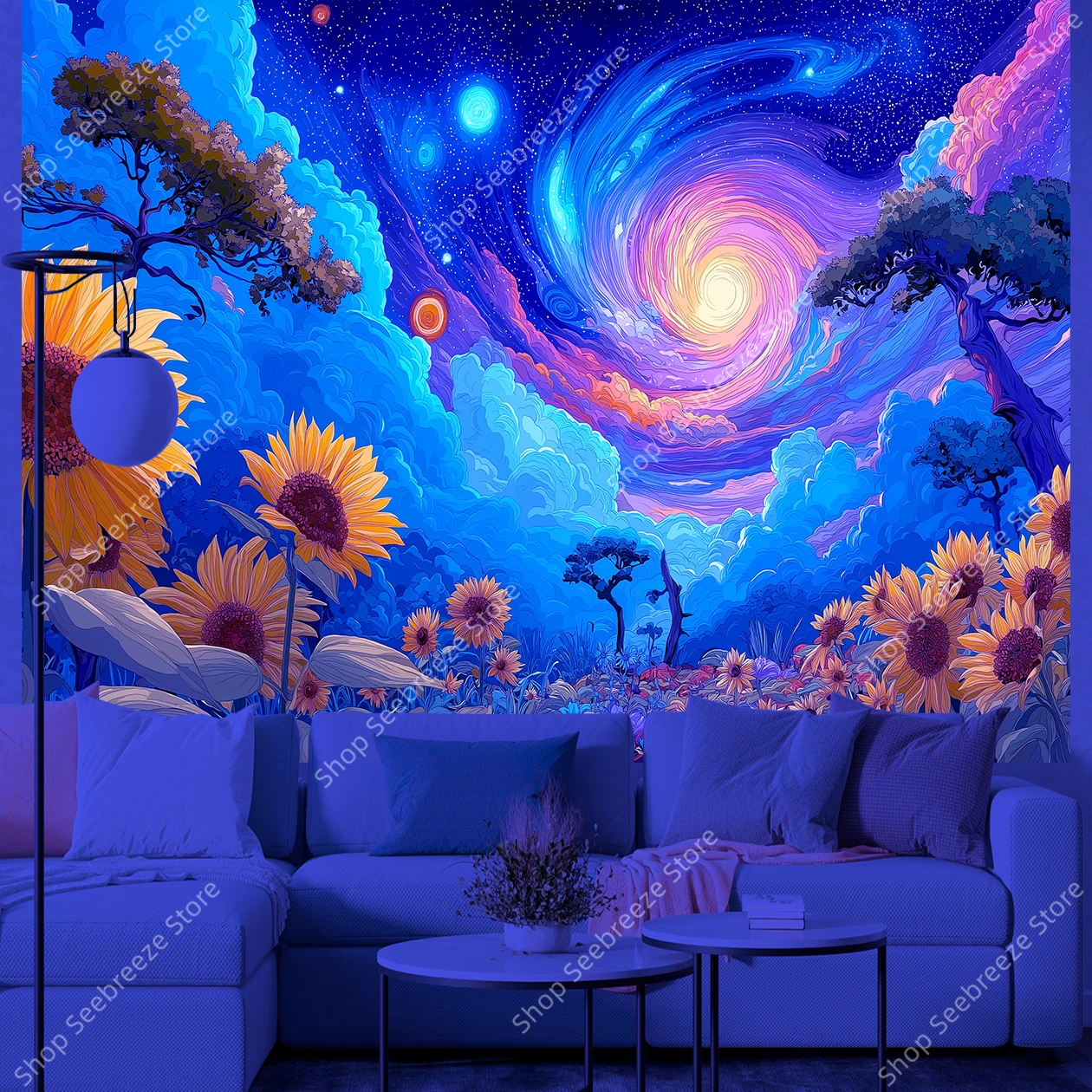 حقل عباد الشمس النابض بالحياة تحت السحرية المرصعة بالنجوم ليلة السماء الأشعة فوق البنفسجية نسيج الخيال الطبيعة الجدار الشنق لديكور غرفة المعيشة البوهيمية #1