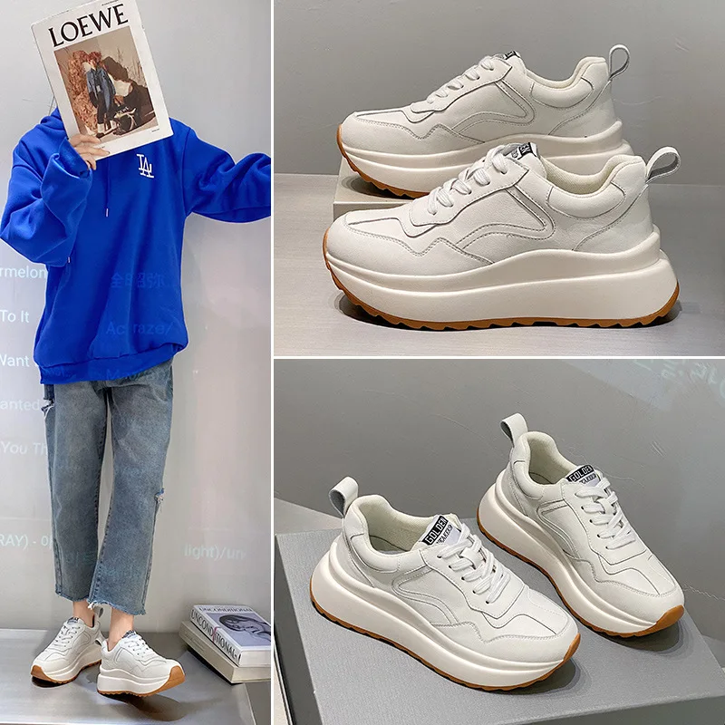 Cowhide Apricot Old Dad's Shoes for Women's Spring 2023 New Fashion Blast Street Leisure Sports Little White Shoes