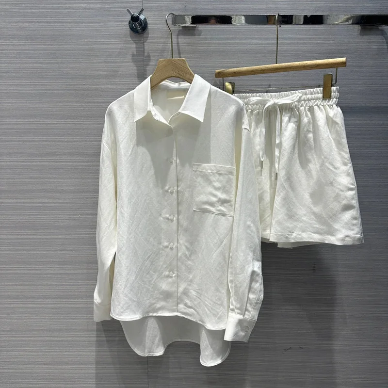 

2024 High Quality Casual Suit Lazy Wind Loose Irregular Cotton and Linen Shirt + Elastic Shorts Two-Piece Set