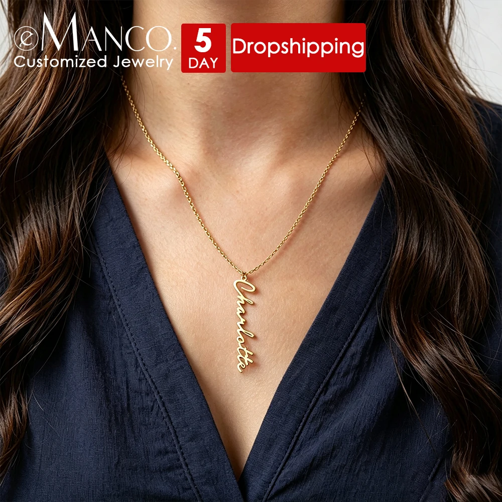 EMANCO Handmade Vertical Stainless Steel Name Necklace Personalized Monogrammed Pendant Factory Direct sale