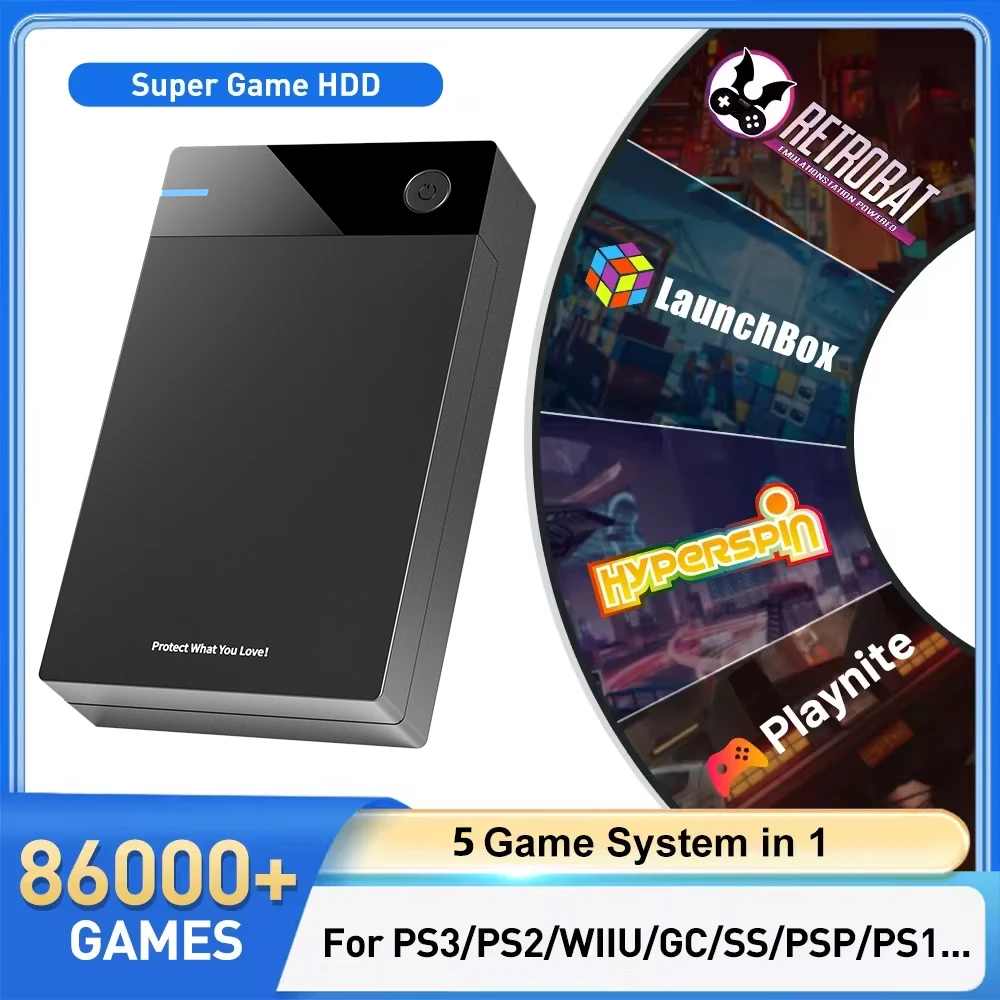محرك أقراص ثابتة للألعاب سعة 12 تيرابايت مع صندوق إطلاق Hyperspin Retrobat Playnite مع 86000+ وحدة تحكم فائقة لألعاب الفيديو الرجعية لـ PS3/PS2/PS/WII/WIIU