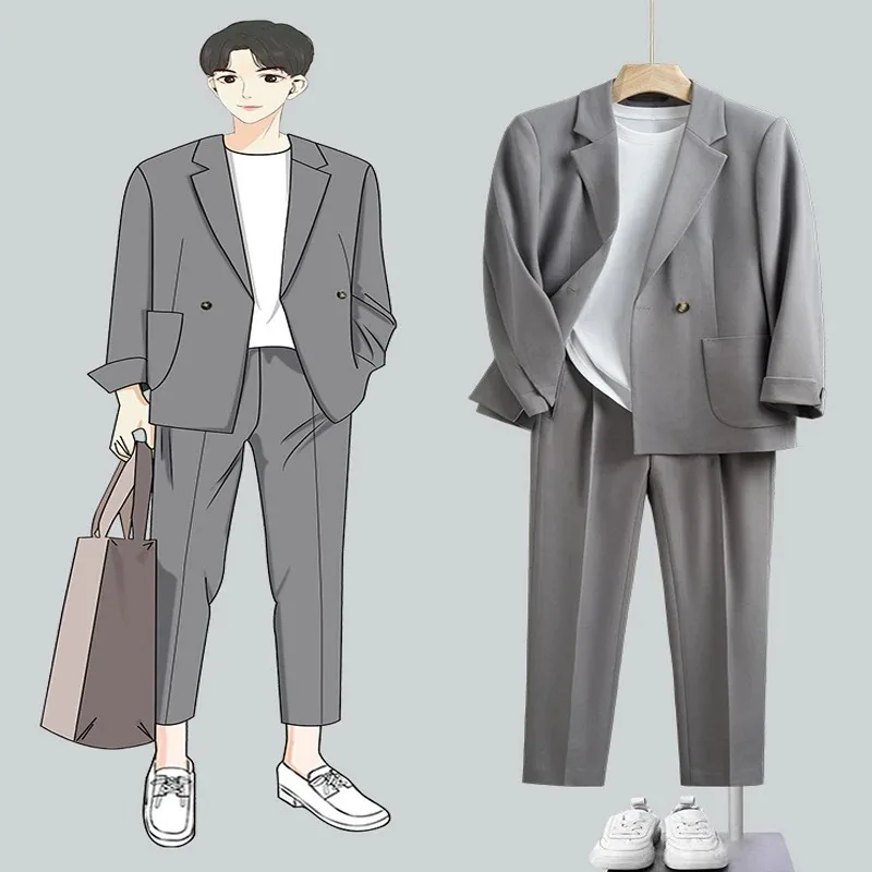 

2026 Men's Korean Style Suit Set Loose Fit Casual Blazer & Pants Slim Fit Spring Autumn Two-Piece Outfit Complete Set