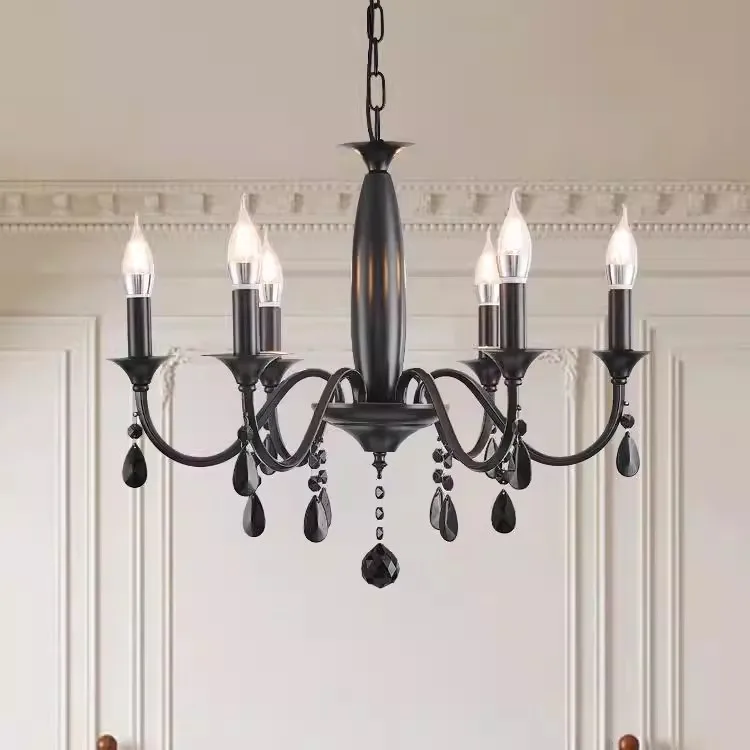 American Light Luxury Black Wrought Iron Crystal Chandelier Living Room Dining Room Minimalist Bar Clothing Store Hanging Lamp