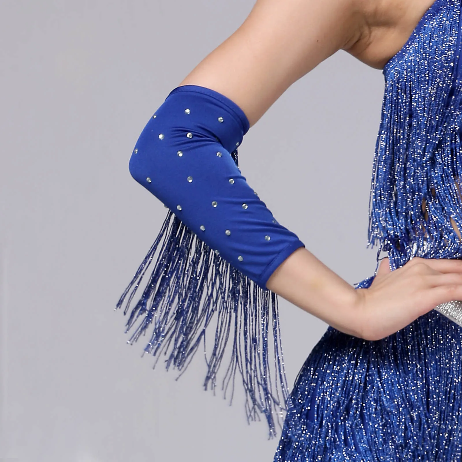 قفازات الرقص النسائية اللامعة بشراشيب وأحجار الراين وأكمام المعصم قفازات لامعة للملحقات
