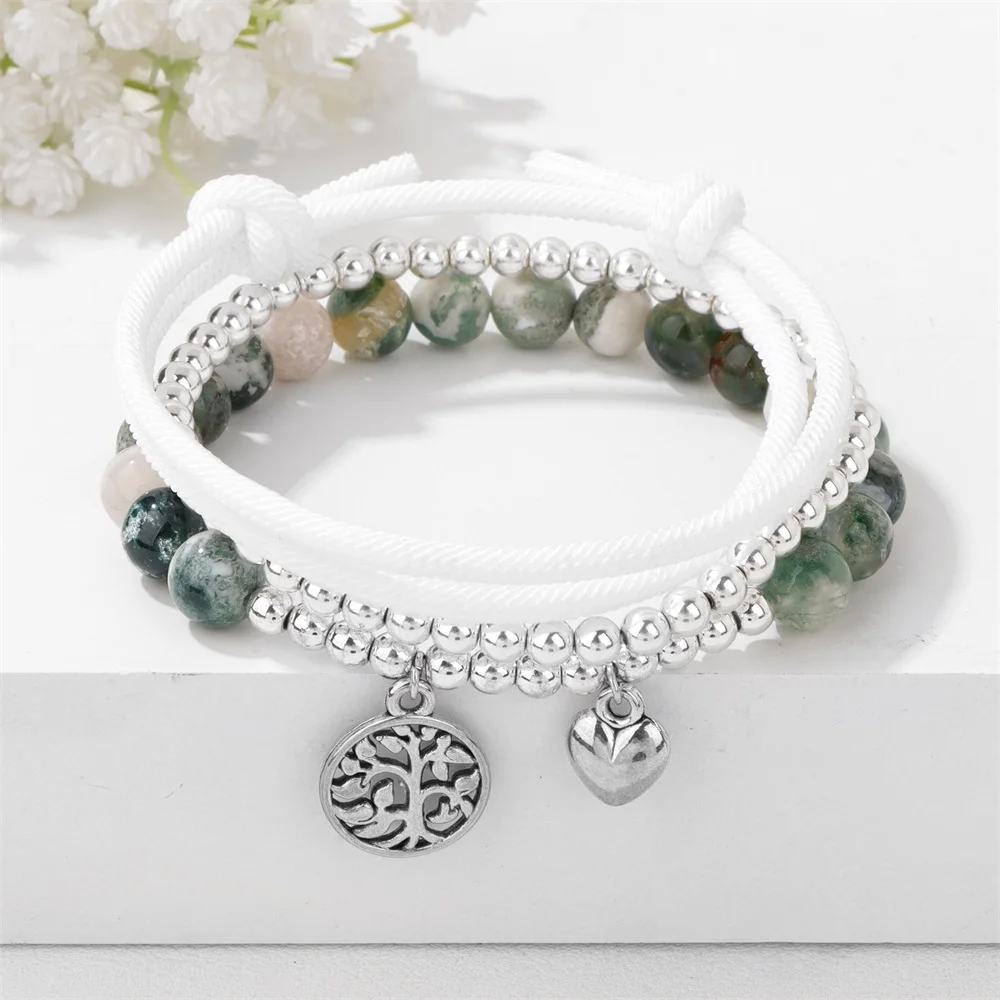 Tree of Life Heart Charm Bracelet Tree Agates Lava White Rope Sliver Color Beads Bracelet Set For Women Men Prayer Jewelry