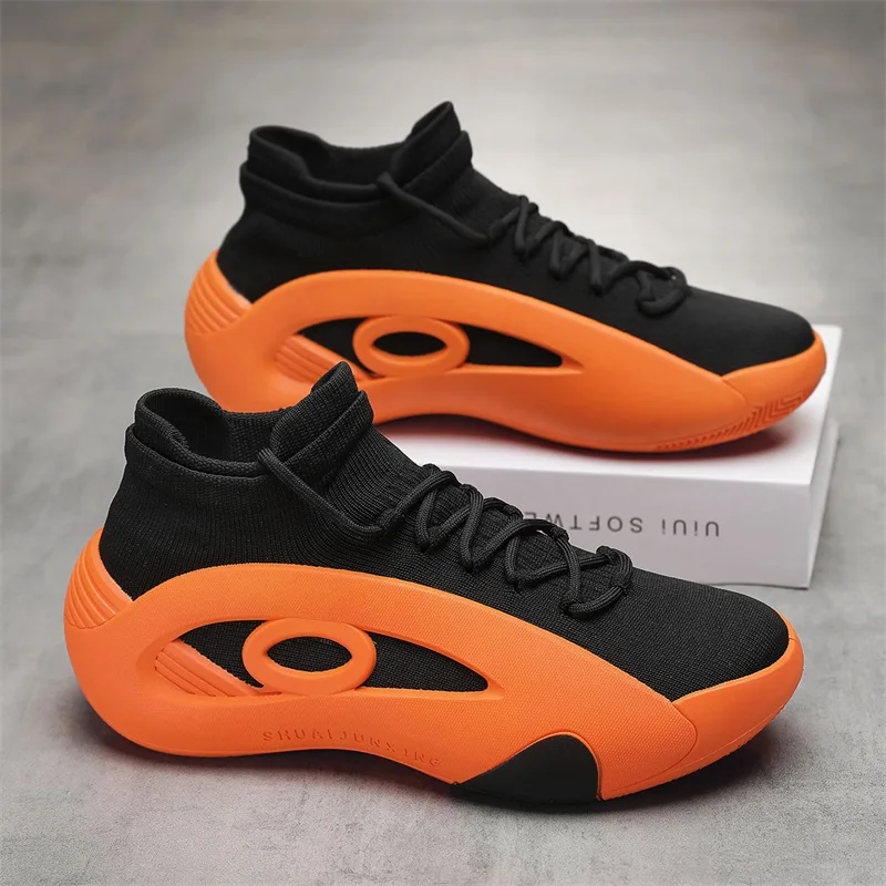 Calcetines naranjas a la moda para parejas, zapatillas de deporte informales transpirables de punto para hombre, zapatos deportivos cómodos con plataforma para hombre, zapatillas para hombre