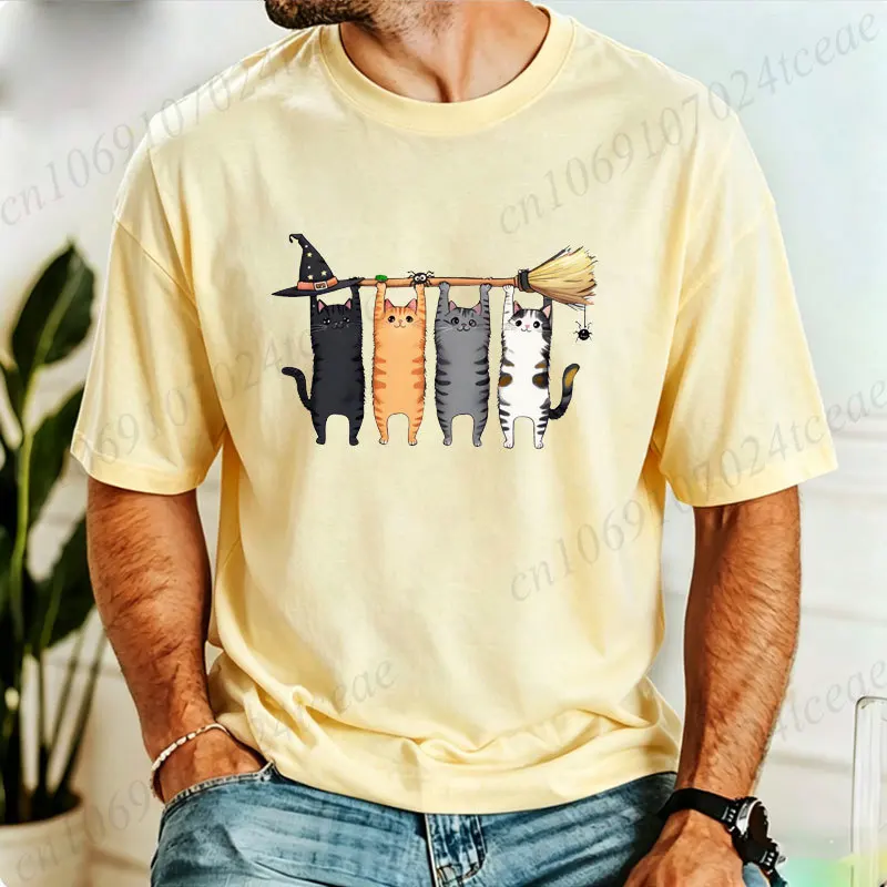 Men's Cute Cat Hang on Witch Broom T Shirt Halloween Funny Kitten Graphic Tee Casual Short Sleeve Tshirt Holiday Party Gift Tops