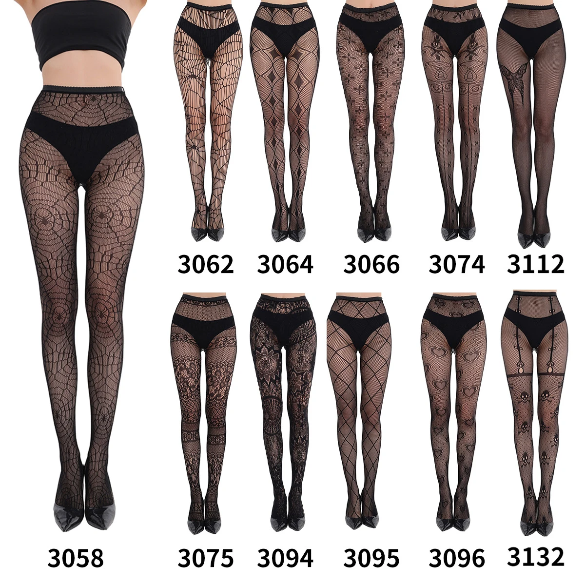 Tights Stockings Halloween Fishnet Sexy Pantyhose Skull Spider Web Patterned Nylon Stretchy Gothic Dark Hollow Out Mesh Stocking