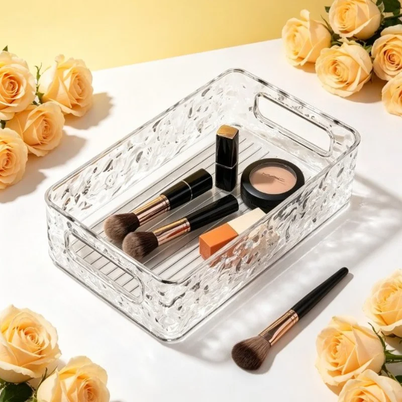 Water Ripple Plastic Storage Bins with Handles Aesthetic Cosmetic Organizer Tray Space Saving Countertop Holder Bathroom Vanity