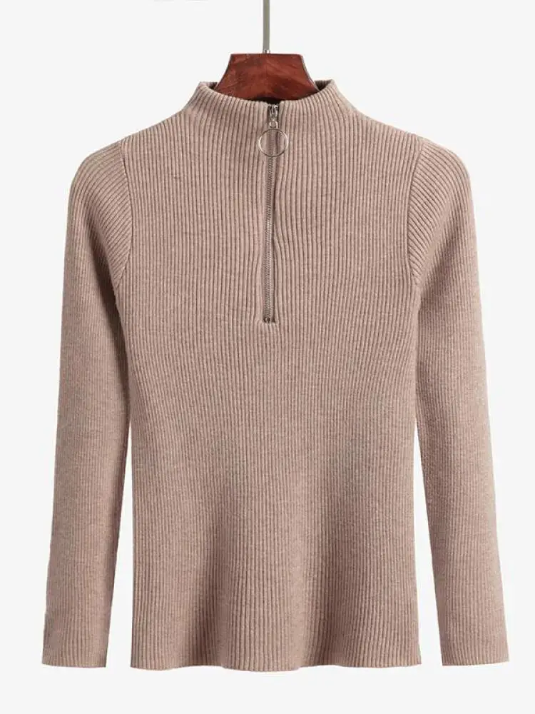 Moda feminina sólida blusas de malha vintage manga longa zip-up básico meia gola alta camisola feminina pullovers chique casual topos