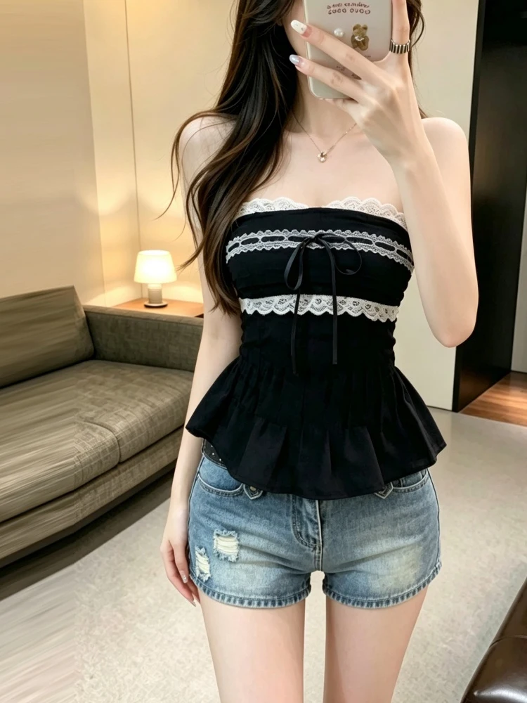 Pure Desire Lace Trim Sleeveless Wrap Chest Tank Top Sexy Backless Slimming Fixed Chest Pad Casual Style Backless Lace Vest