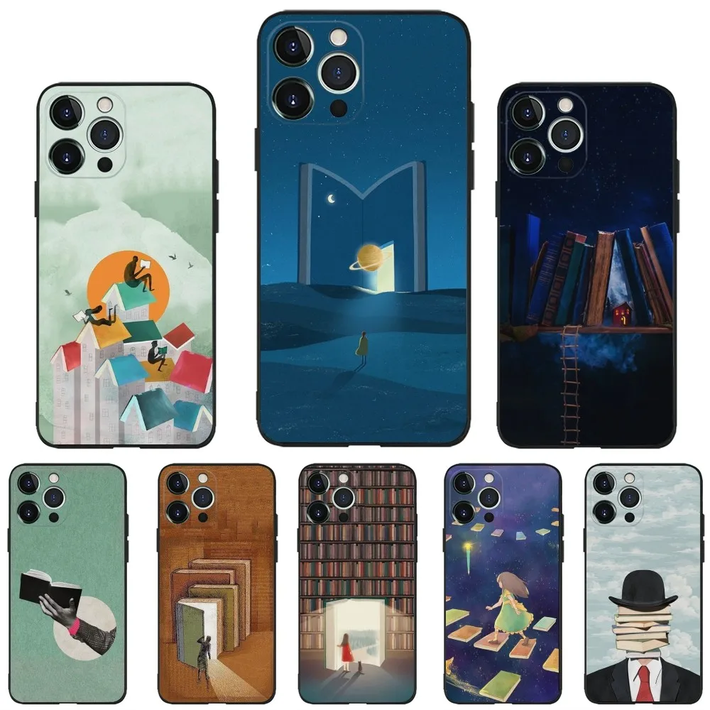 

Read Books illustration Phone Case For iPhone 16,15,14,13,12,11,Plus,Pro Max,XS,X,XR,SE,Mini,8,7 Soft Silicone Black Cover