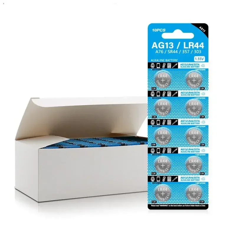 50/10 buah AG13 LR44 A76 357 357A LR1154 SR1154 SR44 1.55V baterai Alkaline untuk jam kalkulator kunci mobil jam jarak jauh tombol koin
