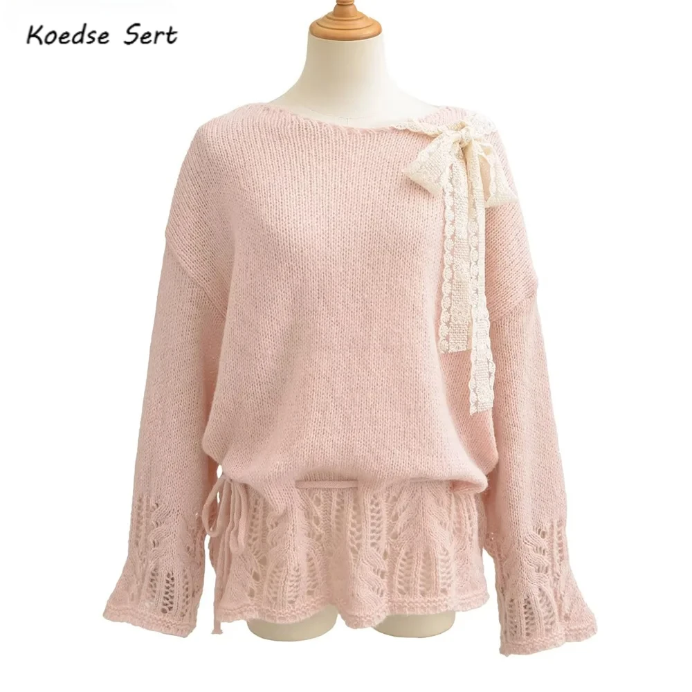 

6 colors 2025 Autumn Women Lace Ribbon Bow O neck Knitted Oversized Sweater Lacing up Waist Full Sleeve Loose Pullover Knitwear
