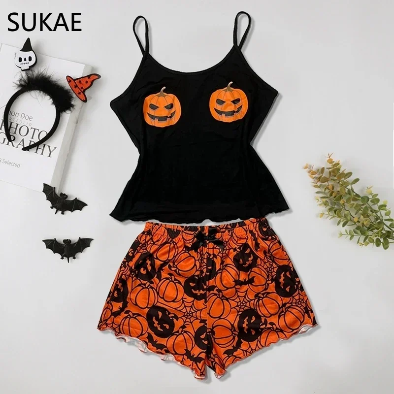 SUKAE Cute Halloween Gift Prumpkin Women Tank Top Shorts Nightie Spaghetti Strap Pajama Set Girl Sexy Lingerie Sleeveless Pijama