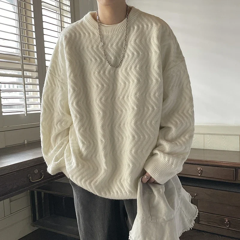 Japanese Solid Color Sweater Men's Autumn Winter Textured Loose Trendy Round Neckline