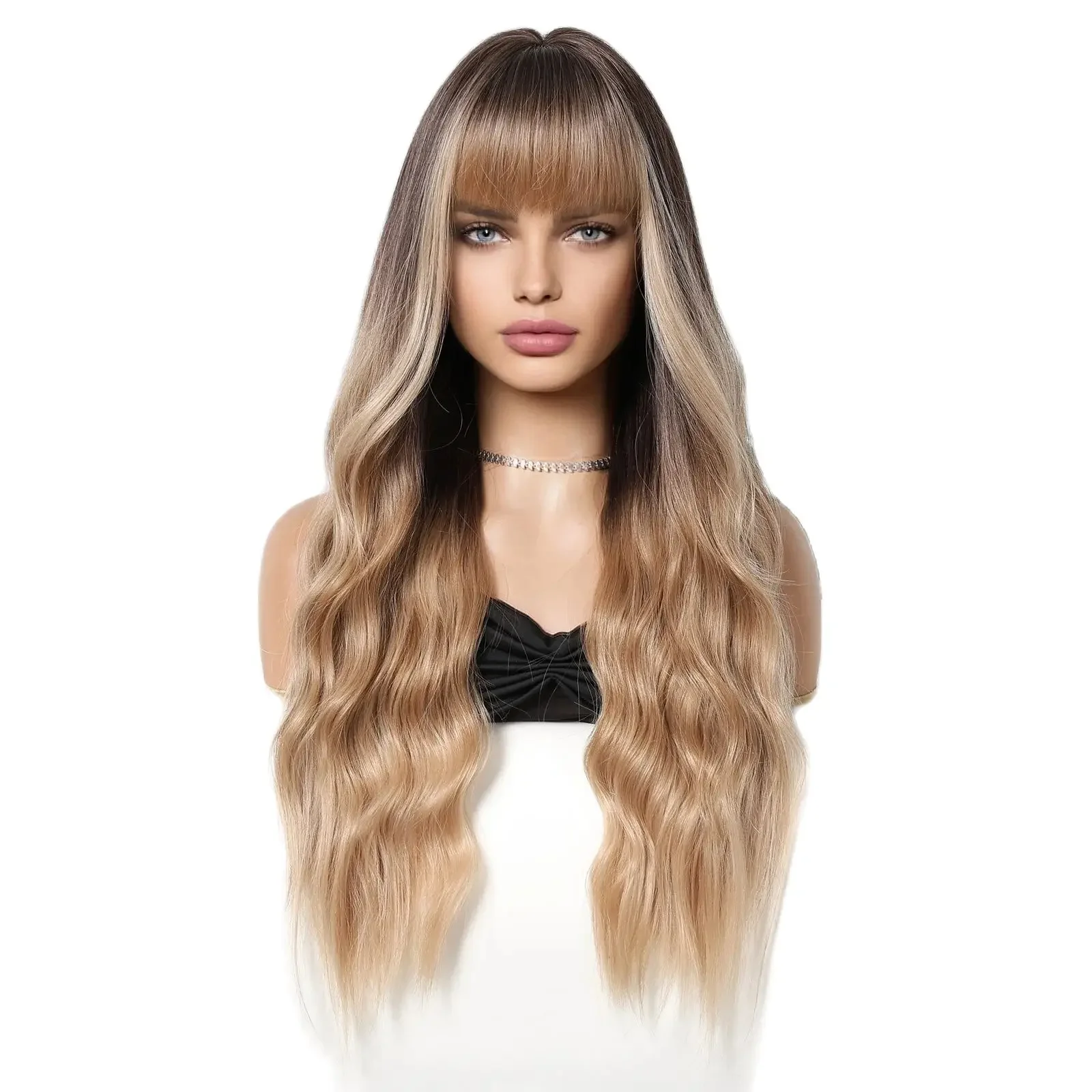 ALAN EATON Long Wavy Wigs with Bangs for Women Ombre Brown to Blonde Wig Dark Roots Synthetic Heat Resistant Wigs for Daily Use