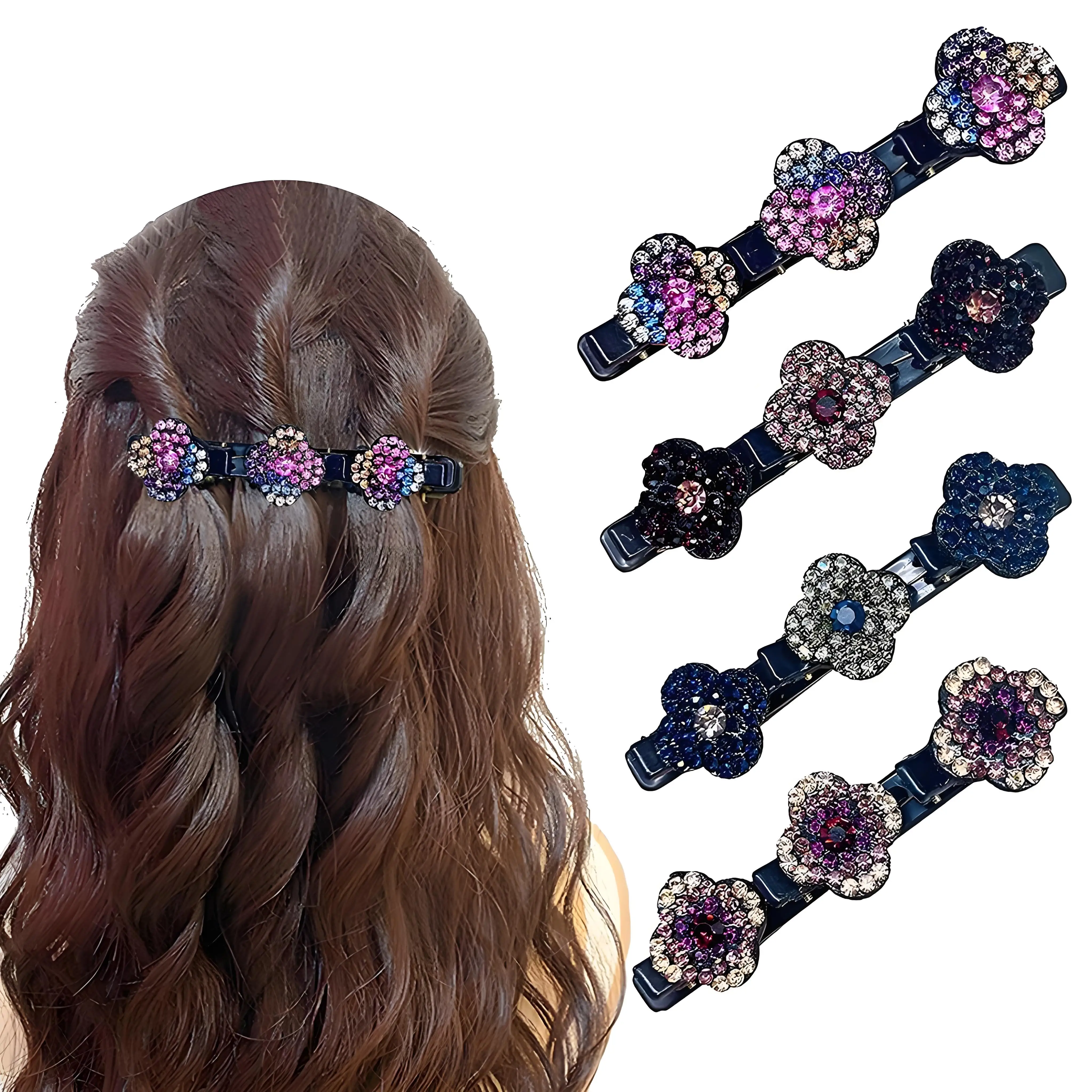 

4-Pc Rhinestone Clover Hair Clip Set | Sparkling Twist Design Hair Accessories | Satin & Duckbill Clips for Women & Teens