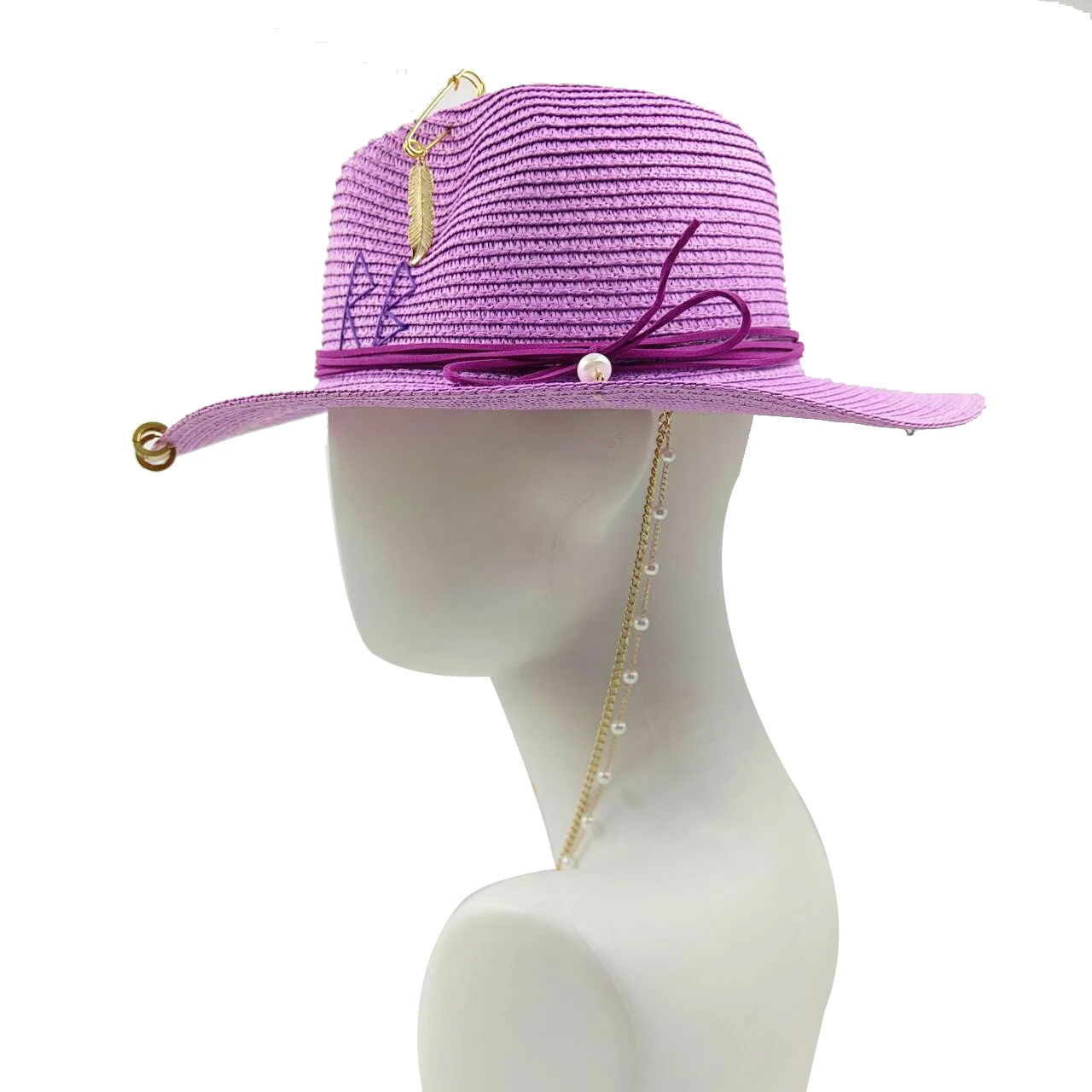 Personalized hat straw hat pearl chain DIY jazz hat sun hat new letter hat beach hat men\'s and women\'s punk hat candy color