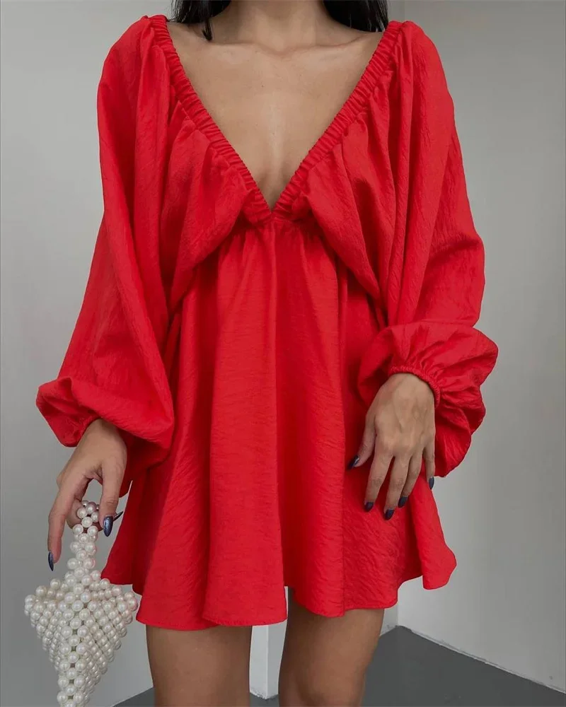 Fashion Front Back Pleated Deep V Neck Backless Dresses Women New Solid Color Bubble Sleeve Big Hem Dressy Female Commuter Gown