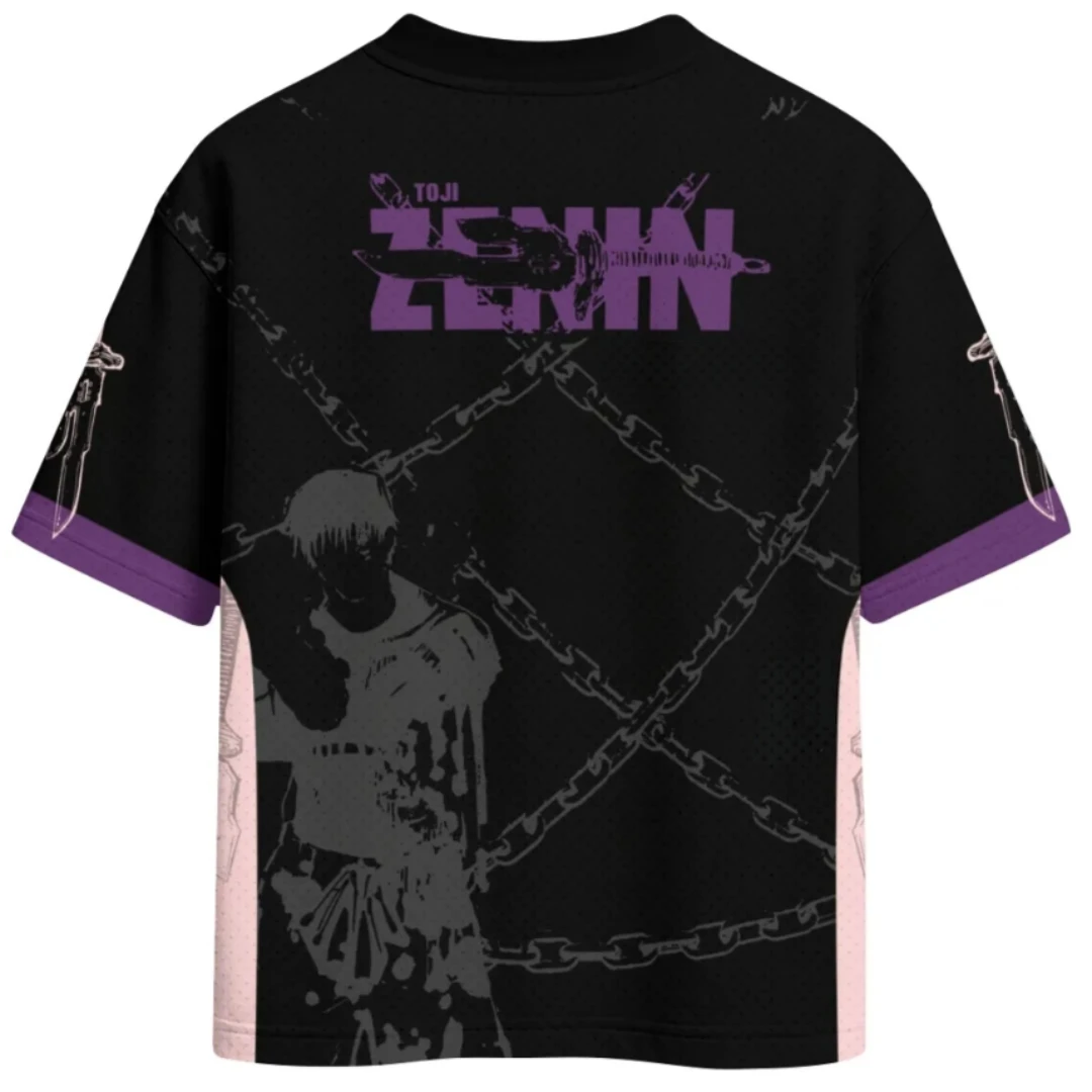 Jujutsu Battle TojiFushiguro Mesh Black Purple Round Neck Short Sleeve Chain Blade Anime Pattern Fan Street Style Top