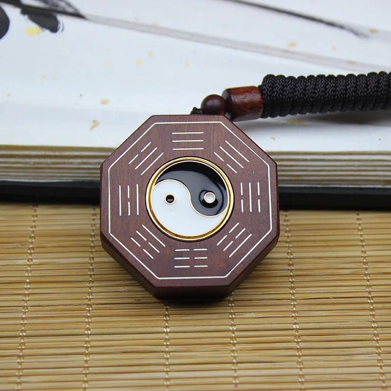 Chinese Style Lucky Blessing Thunder Struck Jujube Wood Sterling Silver Inlaid Rotatable Tai Chi Bagua Pendant Hand Carved Amule