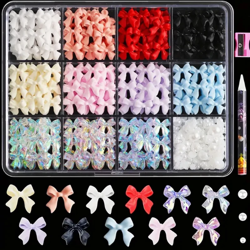 500pcs Nail Art Charms and Flat Back Pearls Set, Assorted Butterfly Bow Decorations, Star & Heart Rhinestones, White Pearl Beads