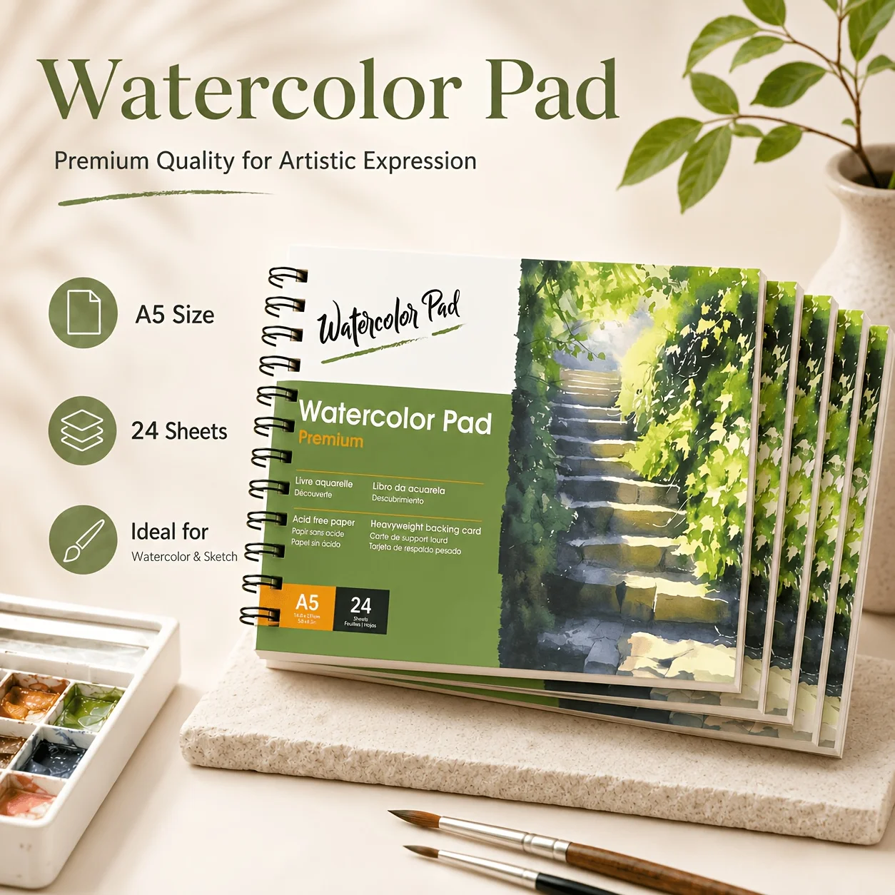 A5 Watercolor Pad 24 Sheets, Acid-Free Paper with Heavyweight Backing Card, Spiral Bound Watercolor Sketchbook for Painting & Drawing, Back to School Art Supplies for Students & Artists
