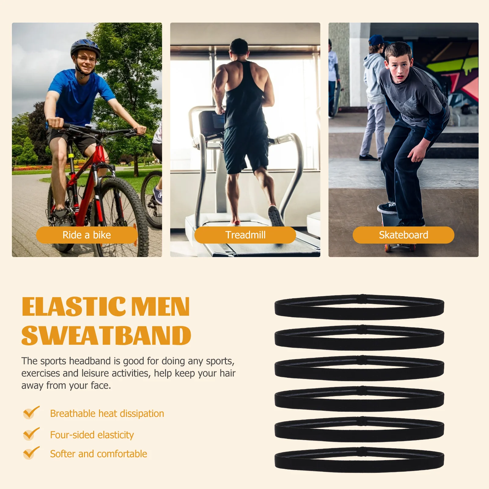 

6pcs Men Sports Headband Anti-Slip Elastic Sweatband Breathable Quick-Dry For Running Gym Basketball Football Fitness