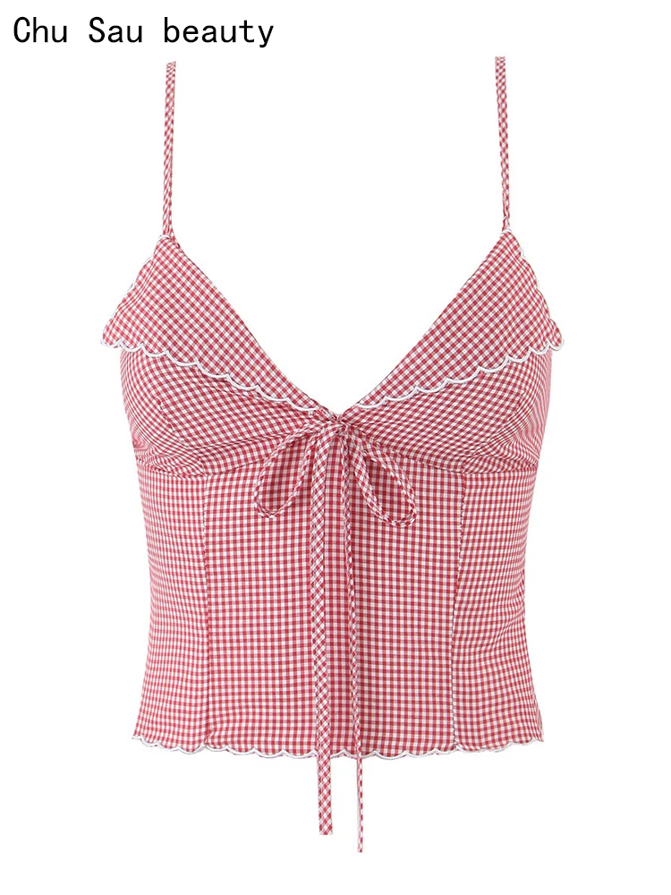 قميص قصير منقوش باللون الأحمر الحلو للسيدات من Chu Sau Beauty 2025 أنيق بدون أكمام قطع علوية مقصوصة فرنسية على شكل حرف v مثيرة ضيقة بدون ظهر كاميس #1