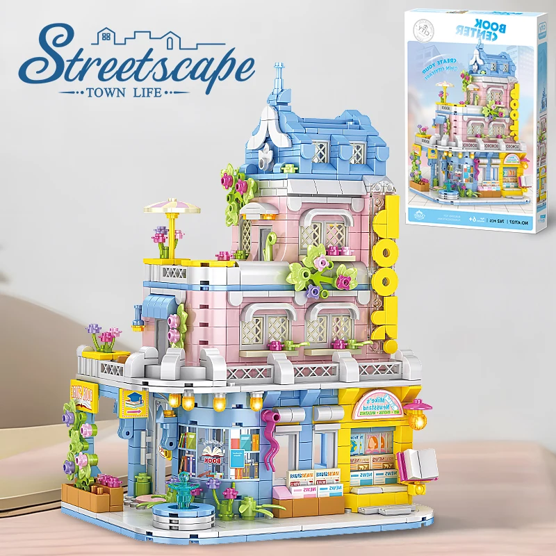 City Building Blocks Library Bookstore Architecture Set House Model Desktop Decor Kids DIY Toys Christmas Birthday Gift