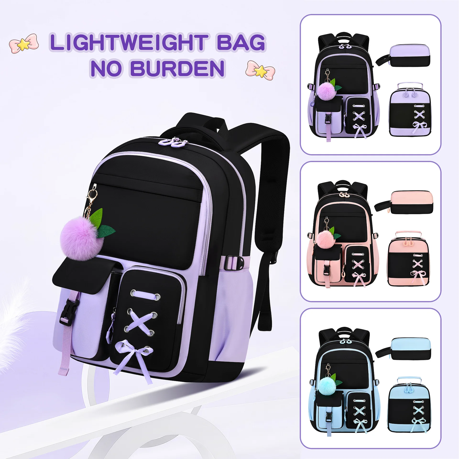 3pcs Elementary School Student Backpack Set Lunch Bag Kids Pencil Bag Middle High School Bag for Girl Teenager Travel Bookbag