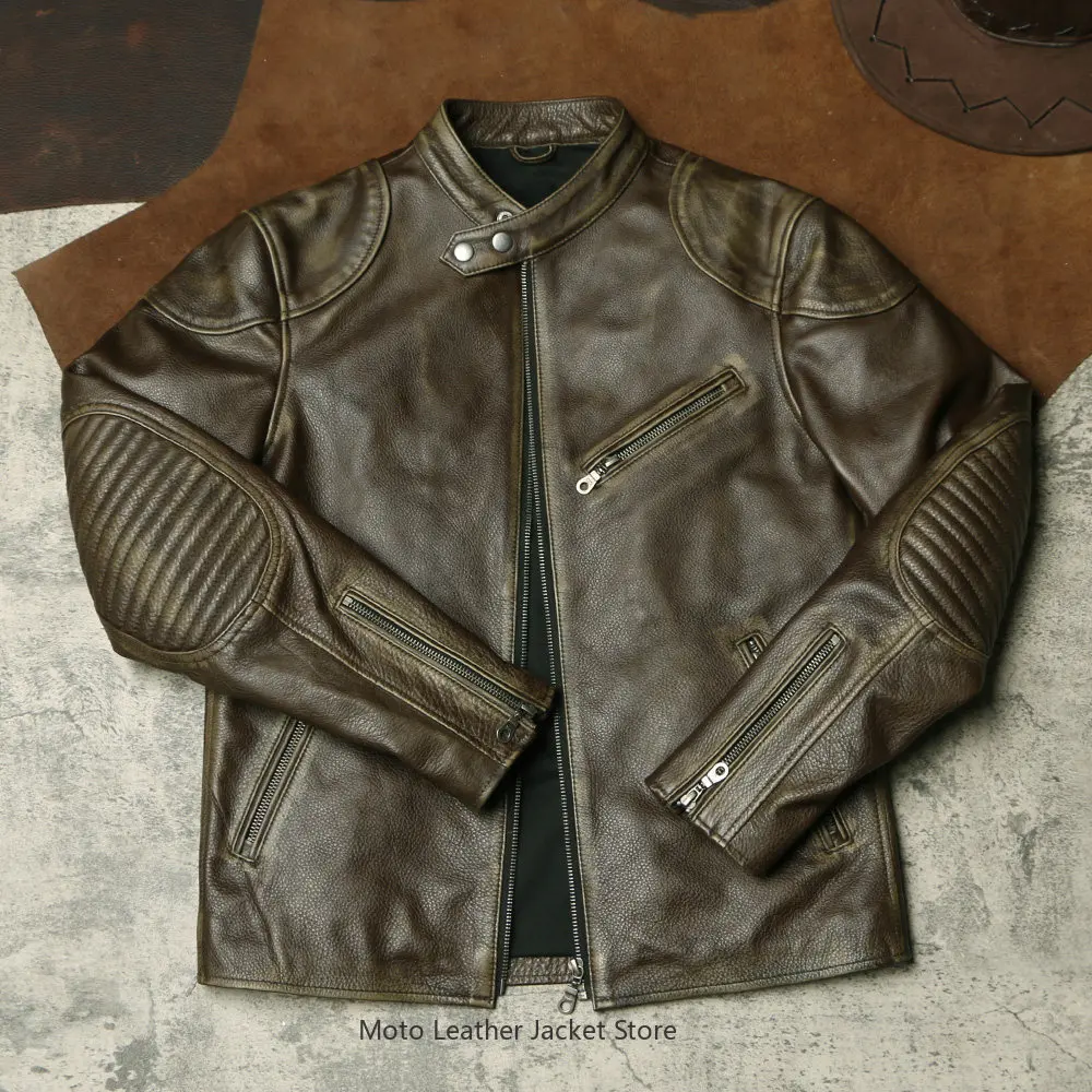 2nd Generation Venom Motorcycle Genuine Leather Jacket, Vintage Brushed Top Grain Tea Core Cowhide Men Stand Collar Slim Coat