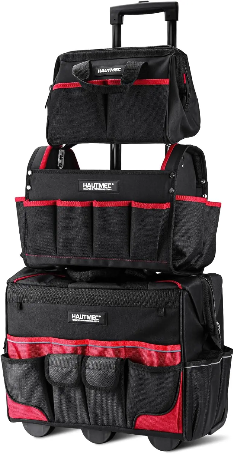 Organizer Set, 18” Waterproof Bag with Wheels,15” Electrician Tote and 12” Wide Mouth Bag 1680D Professional