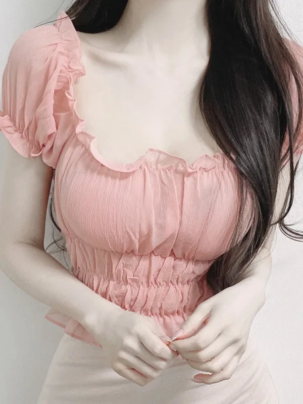 2024 Summer Sweet Shrimp Pink Korea Version Sexy Bubble Sleeves Low Collar Off Shoulder Pleated Slim Chiffon Shirt S8UT