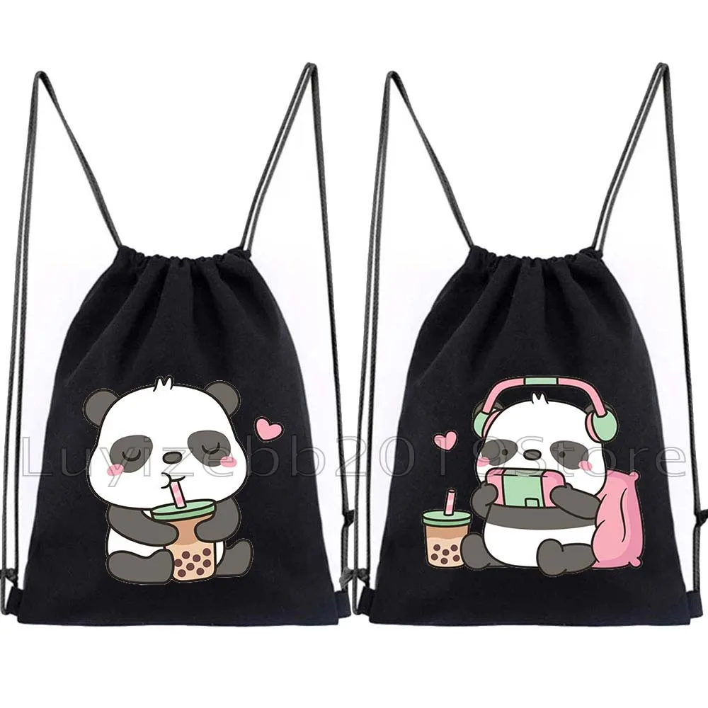 

Cute Kawaii Cartoon Chubby Panda Bear Drinking Bubble Tea Gifts Drawstring Bags Soccer Backpack Gym Sackpack Sports String Bag