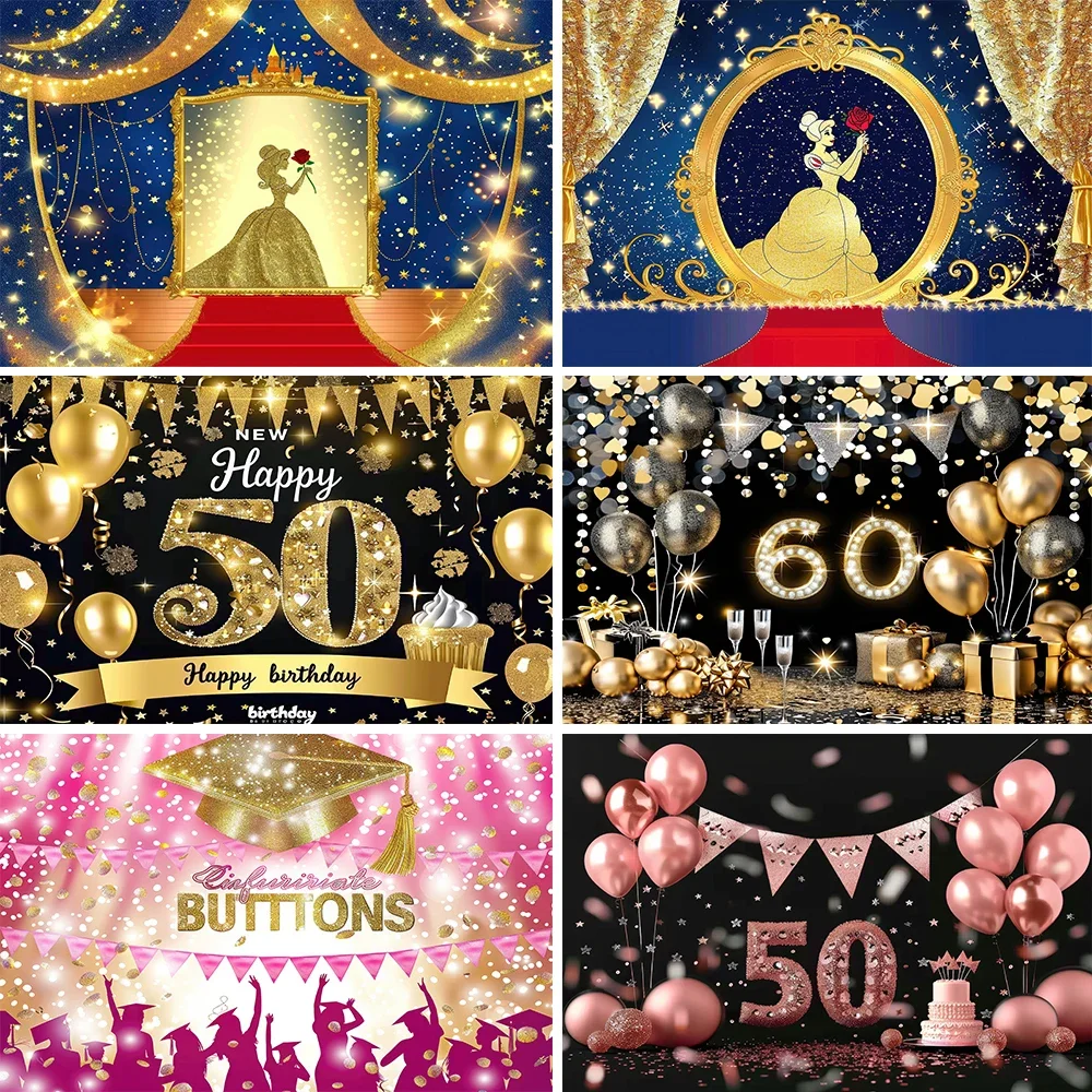 

2/22/50/60th Happy Birthday Party Backdrop Balloon Decor Princess Golden Spot Background for Girl First Birthday